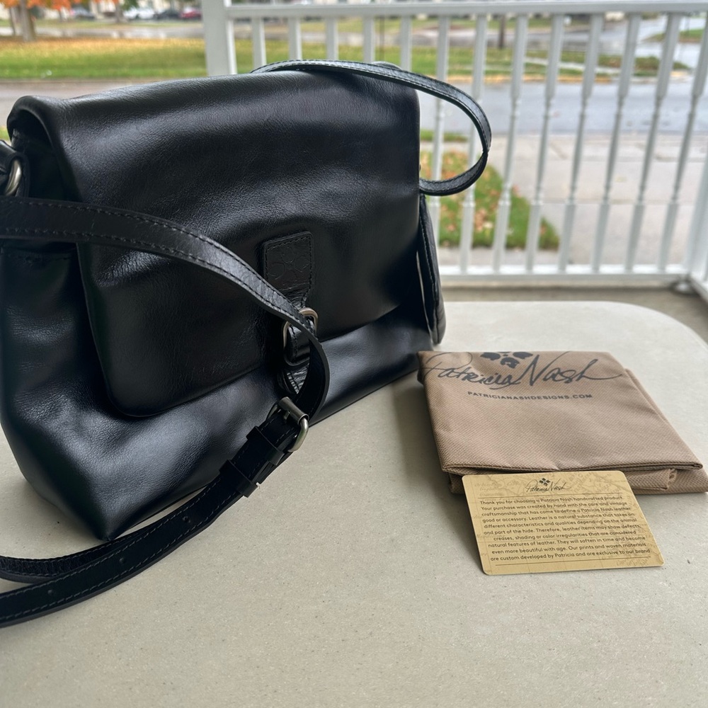 Patricia Nash Mili Leather Black Medium Flap Crossbody Bag, Coin Pouch, Dust Bag